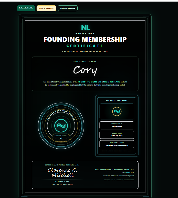 NUM8ER LABS Founding Membership Certificate
