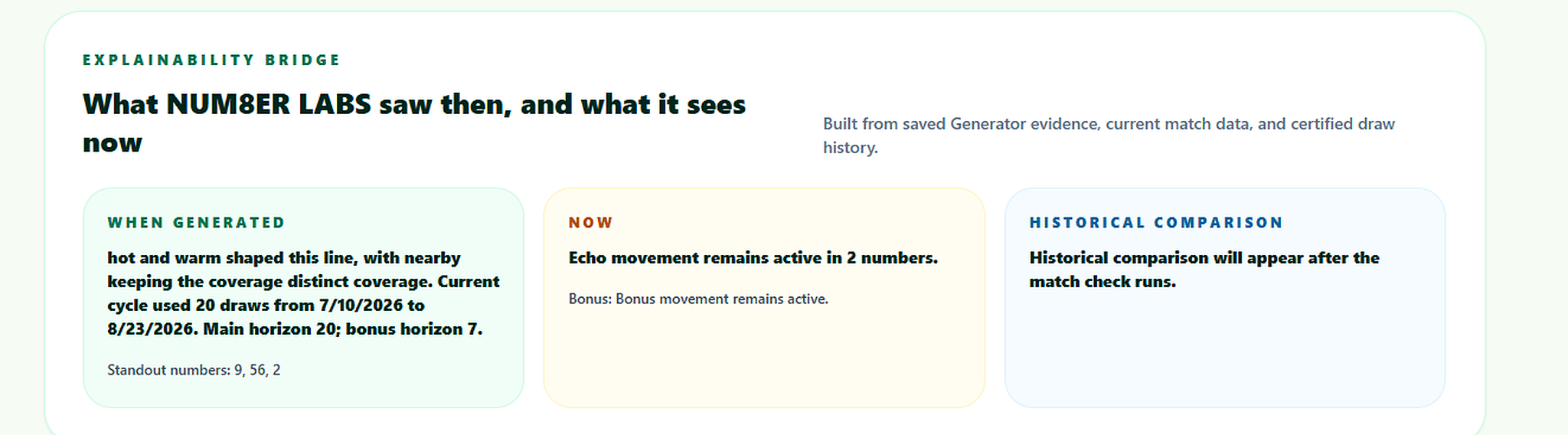 NUM8ER LABS Explainability Bridge showing what happened to tracked numbers