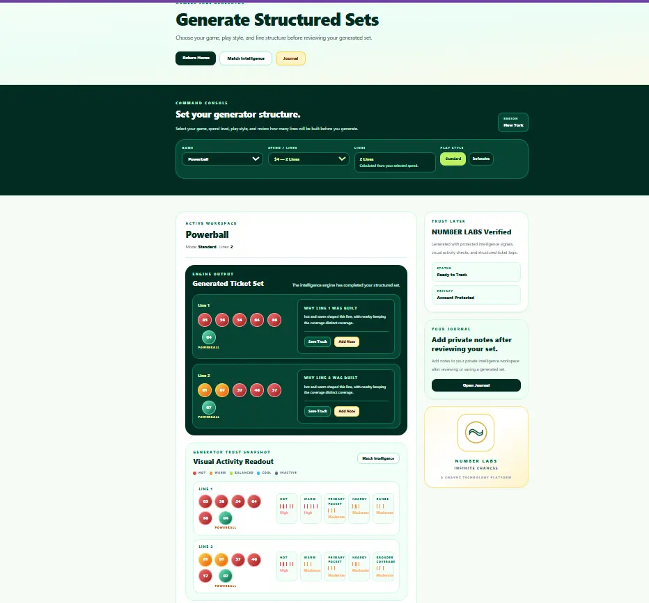 NUM8ER LABS Generator showing customer-facing game, play style, generated sets, and Save Track controls.