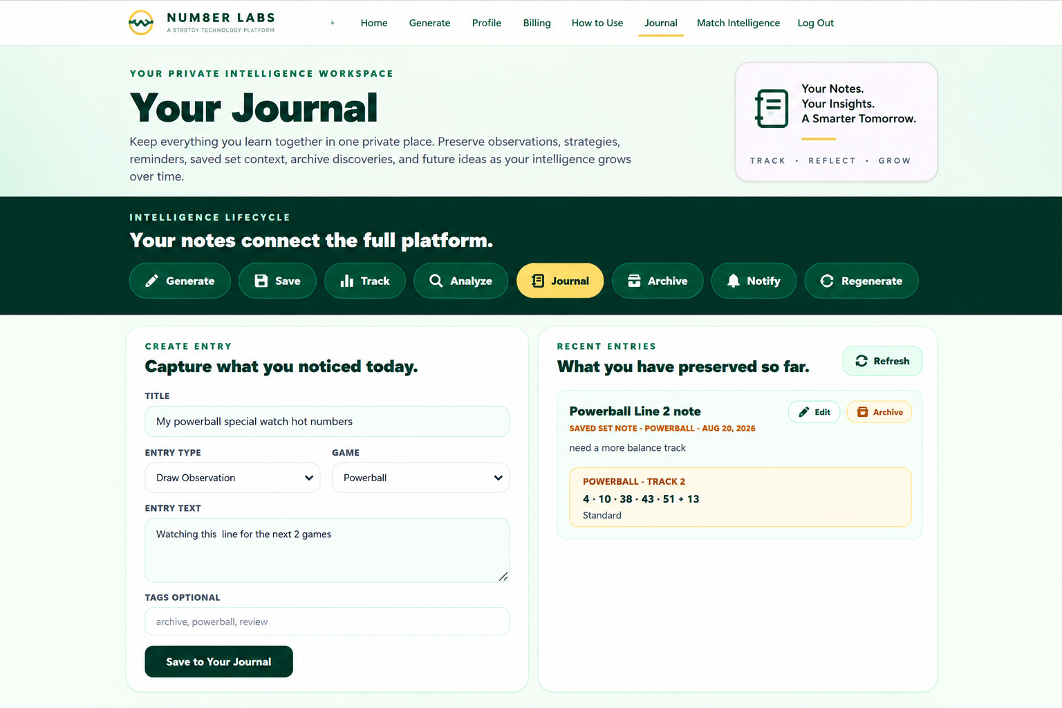 NUM8ER LABS Journal connecting generated sets, saved activity, analysis, notes, and archive history