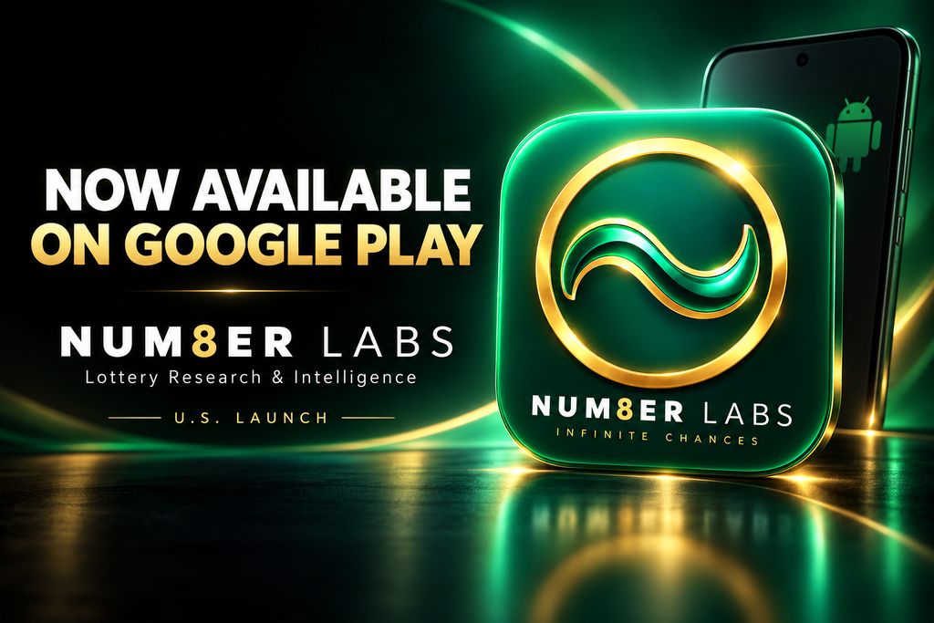 NUM8ER LABS Google Play U.S. launch announcement for the Lottery Research & Intelligence platform.